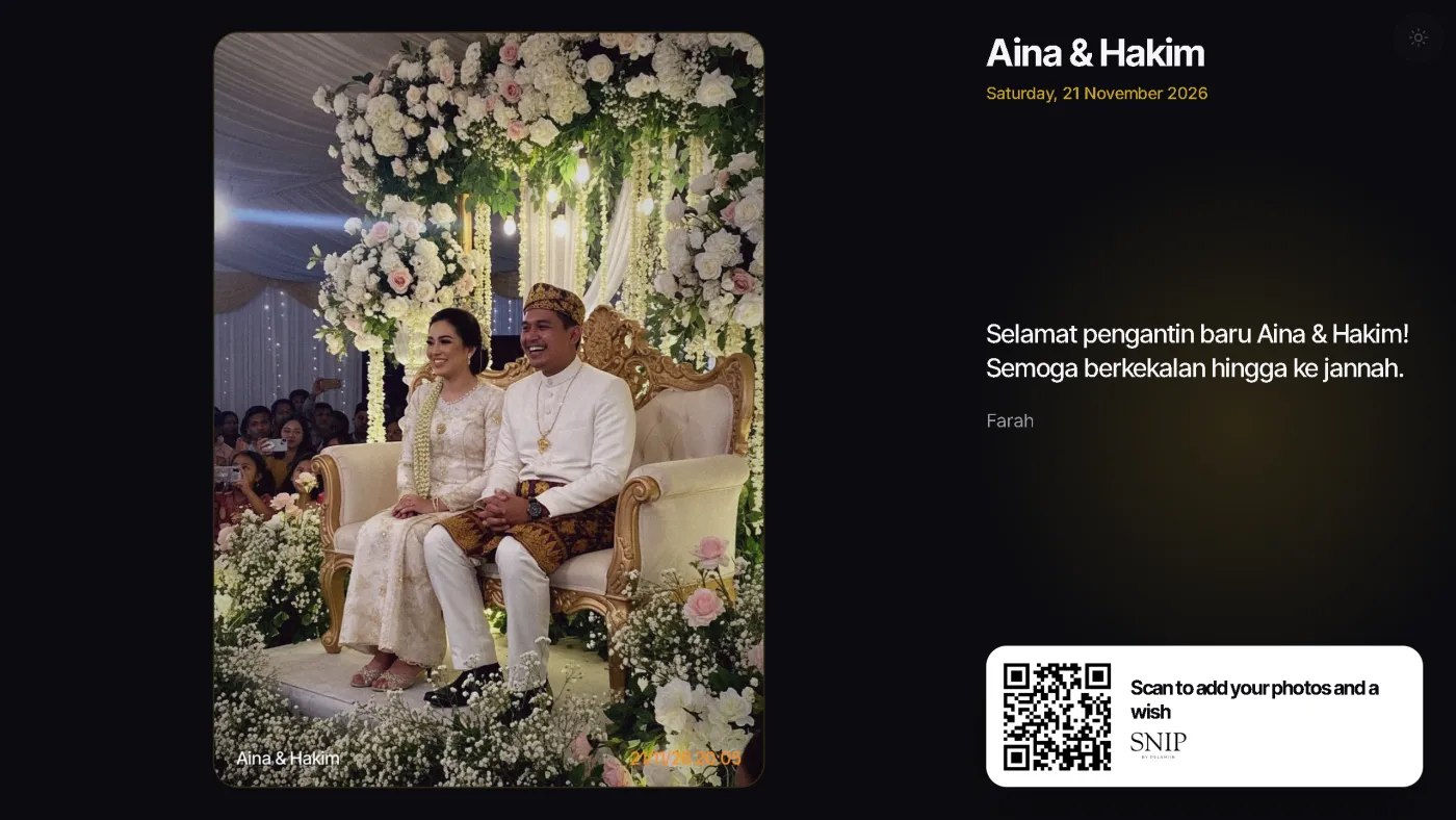 Live slideshow on a TV with a guest’s wish beside the photo