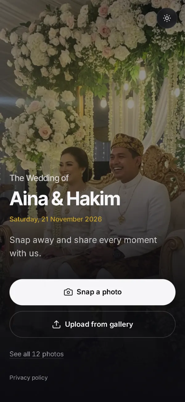 Guest page: the event’s names with buttons to snap or upload a photo