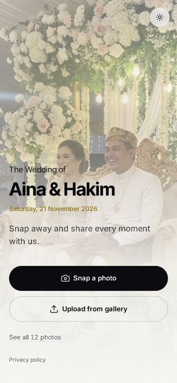 Guest page: the event’s names with buttons to snap or upload a photo